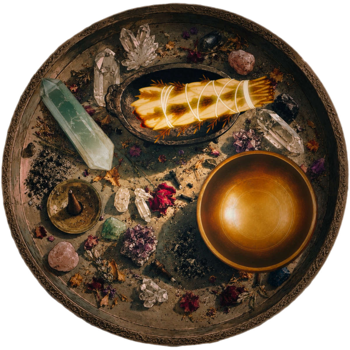 Ritual tray with crystals, sage, incense, and singing bowl